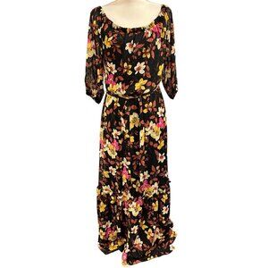 Premier Amour Dress Womens‎ 6 Black Floral Off Shoulder Tiered Semi Sheer Maxi